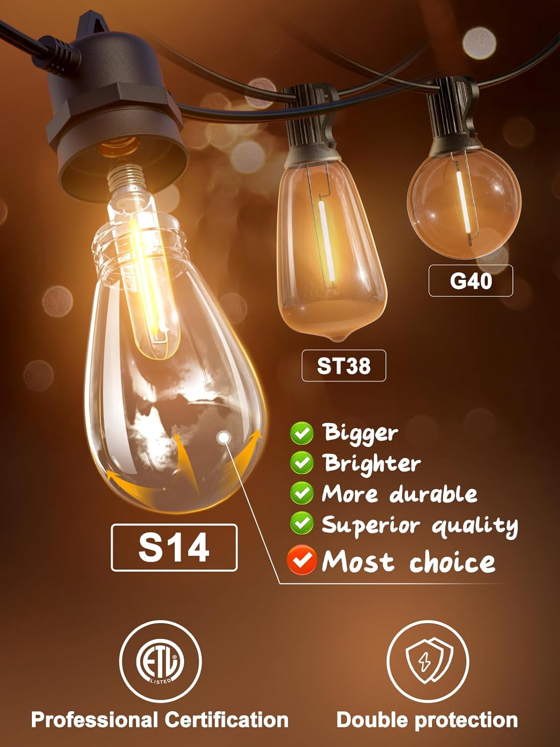 addlon Tira de luces LED de 50 pies para exteriores, control de temporizador con bombillas Edison inastillables, hilo resistente a la intemperie,