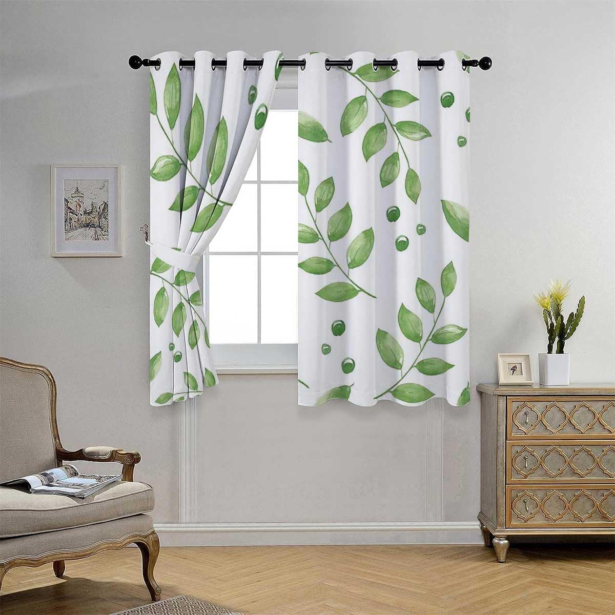 YANFENQI Cortinas para Habitacion Green Leaf Fresh Plant Blackout Blinds for Sliding Glass Doors Drapes 55Inch Width by 45Inch Length,2 Panels