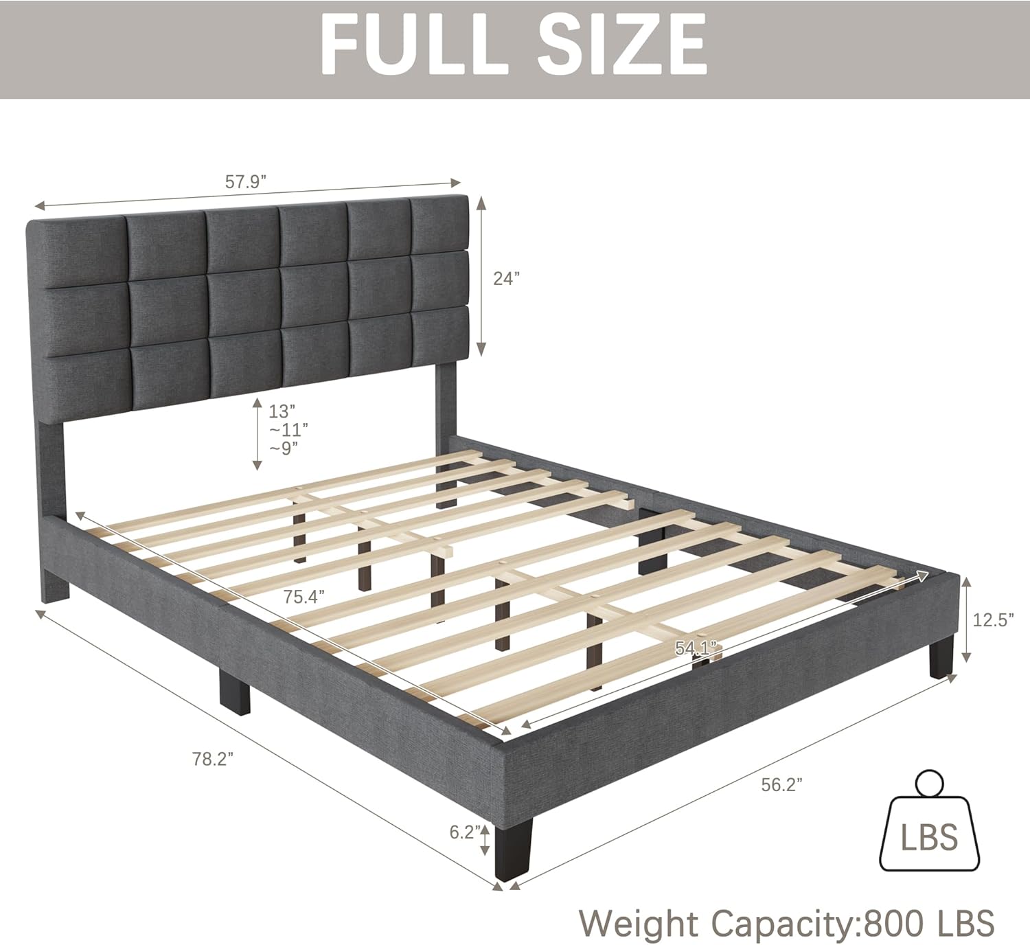 Base de cama tamaño matrimonial tapizada con cabecero ajustable de tela de lino, cabecera capitonada de tela de lino, soporte de listones de madera,