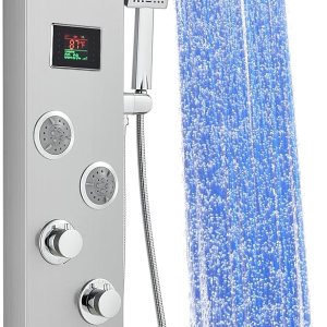 Sistema de panel de ducha con luces LED, ducha de niebla de lluvia, chorros corporales, boquilla de mano y bañera, columna de torre de ducha con Sistema de panel de ducha con luces LED, ducha de niebla de lluvia, chorros corporales, boquilla de mano y bañera, columna de torre de ducha con