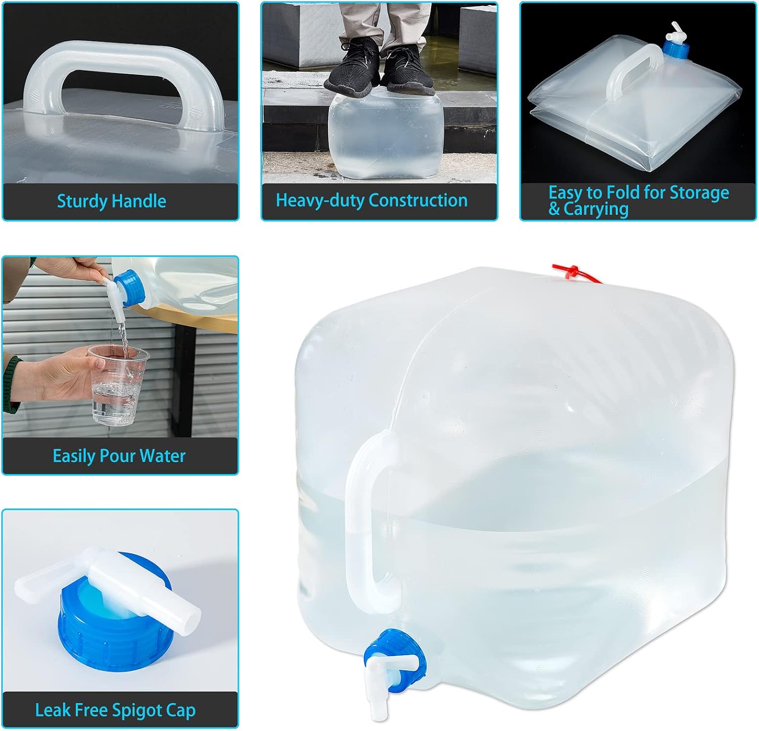 CINPIUK Contenedor de agua plegable de 5 galones con espiga, jarra de agua para camping, cubo de almacenamiento de agua al aire libre, agua portátil