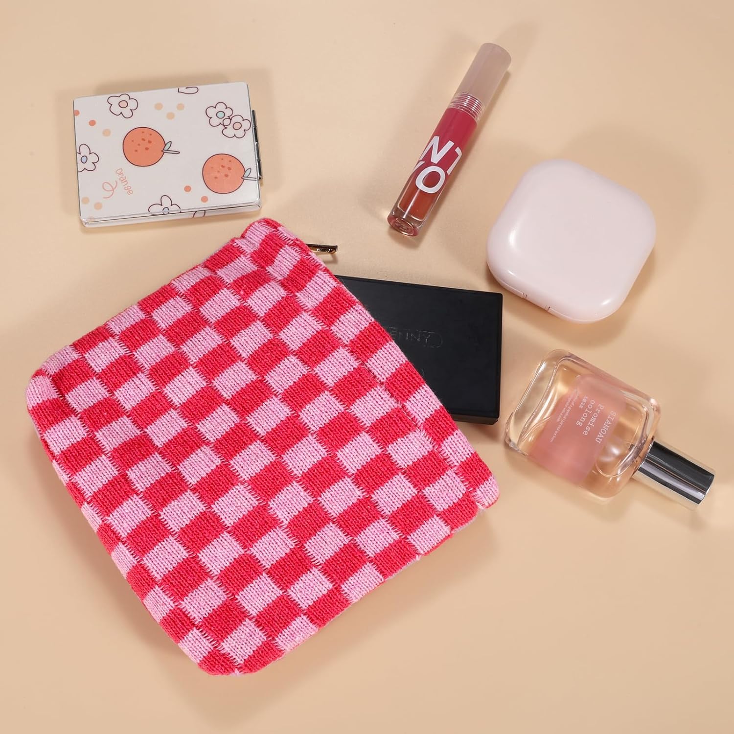 2 mini bolsas de maquillaje para monedero, bolsa de cosméticos a cuadros, pequeña bolsa con cremallera, bolsa de maquillaje de viaje portátil para