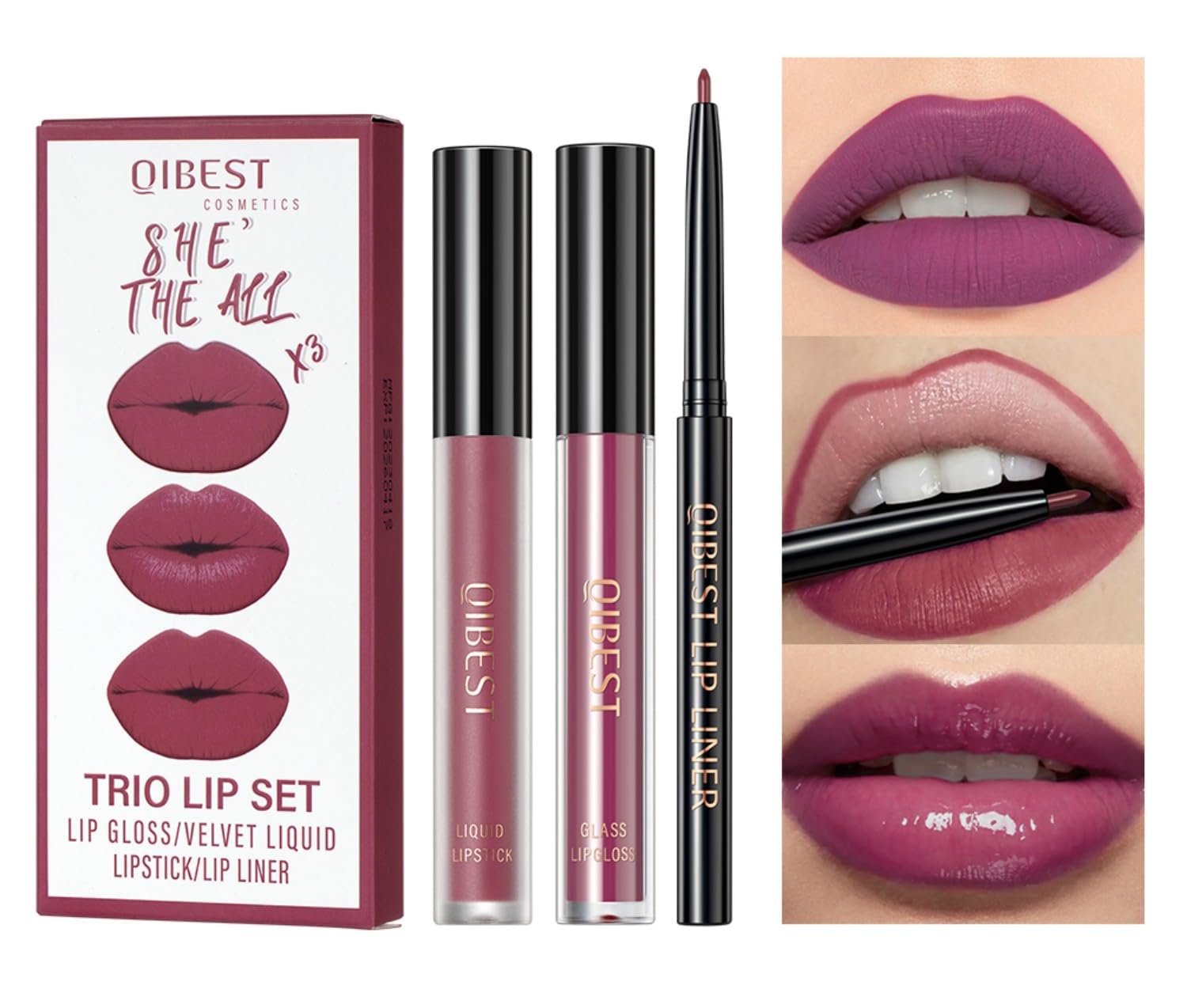 MAEPEOR Kit de labios todo en uno, 3 en 1, delineador de labios suave y lápiz labial con lápiz labial líquido de terciopelo mate, brillo labial