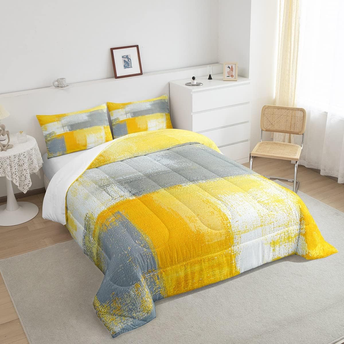 Erosebridal Juego de ropa de cama de color amarillo degradado, juego de edredón de teñido anudado blanco, tamaño Queen, color gris, abstracto,