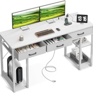 AODK Escritorio para computadora de 55 pulgadas con cajones de tela y tomas de corriente, escritorio de oficina con estantes de almacenamiento y AODK Escritorio para computadora de 55 pulgadas con cajones de tela y tomas de corriente, escritorio de oficina con estantes de almacenamiento y