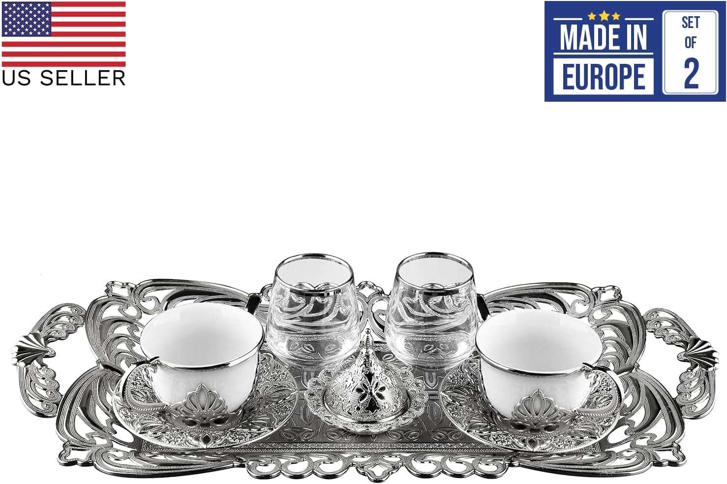 Juego de 2 tazas de café turco hechas a mano con vasos, platillos, portavasos, cuenco para dulces y bandeja, tazas de café expreso para una