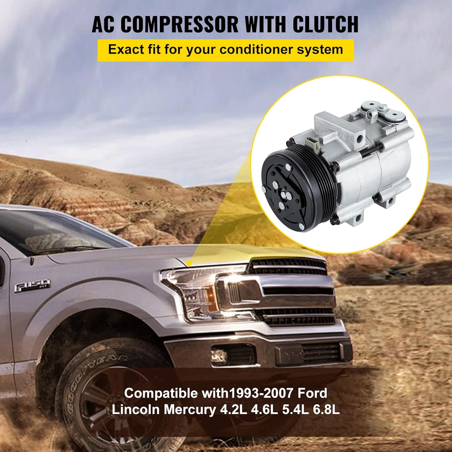 Mophorn CO 101290C (4L3Z19703AB) Compresor de aire acondicionado universal para 93-07 Lincoln Mercury Thunderbird F150 4.2L 4.6L 5.4L 6.8L FS10 AC