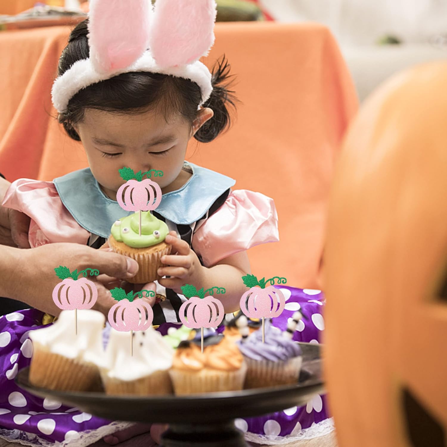 Paquete de 24 adornos de calabaza para cupcakes con purpurina con temática de otoño, cosecha de otoño, temática de calabaza, baby shower,