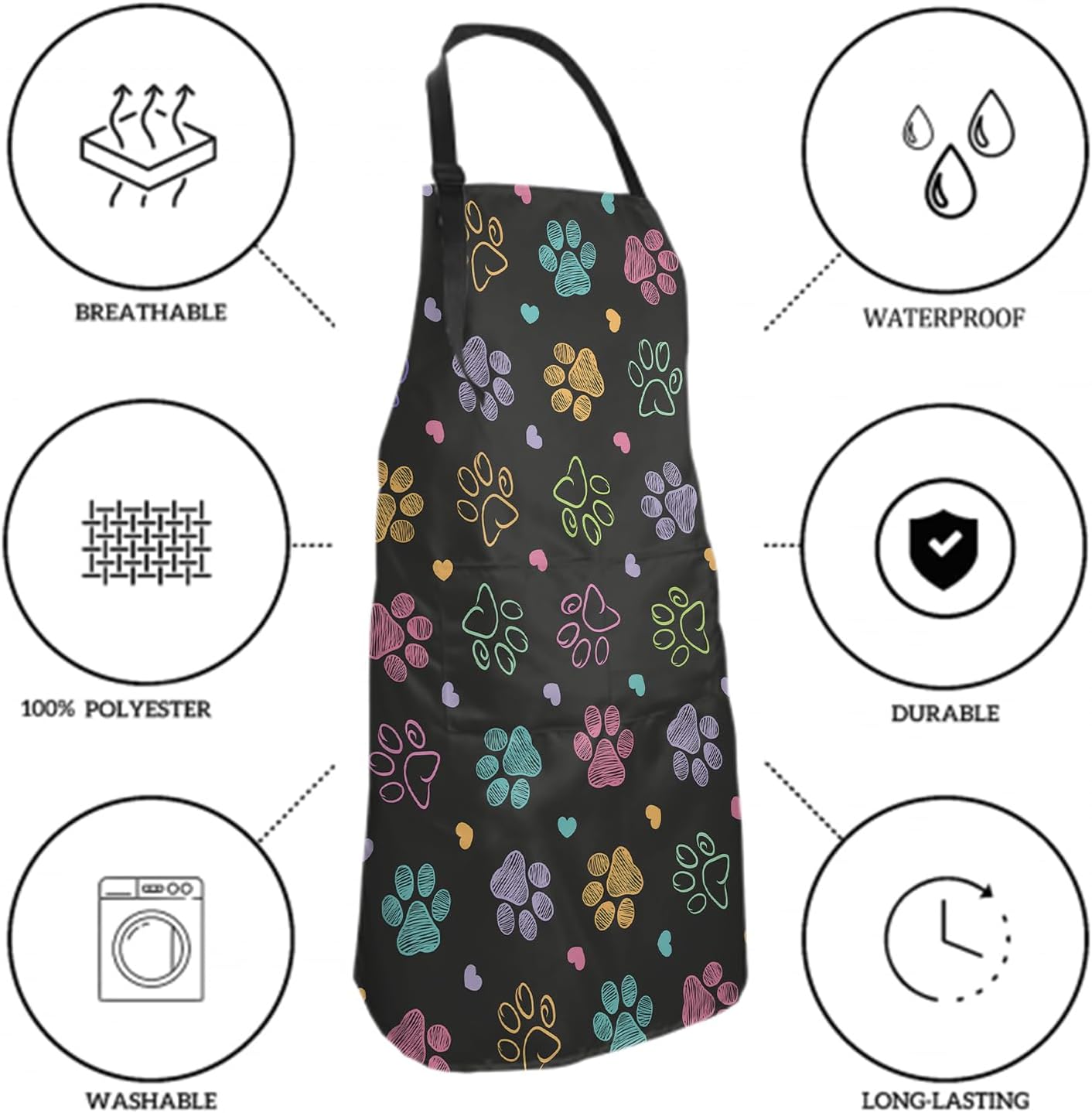 DZGlobal Delantal de pata de perro con bata de aseo con corazón de amor, con 2 bolsillos y correas ajustables para el cuello, delantales de cocina