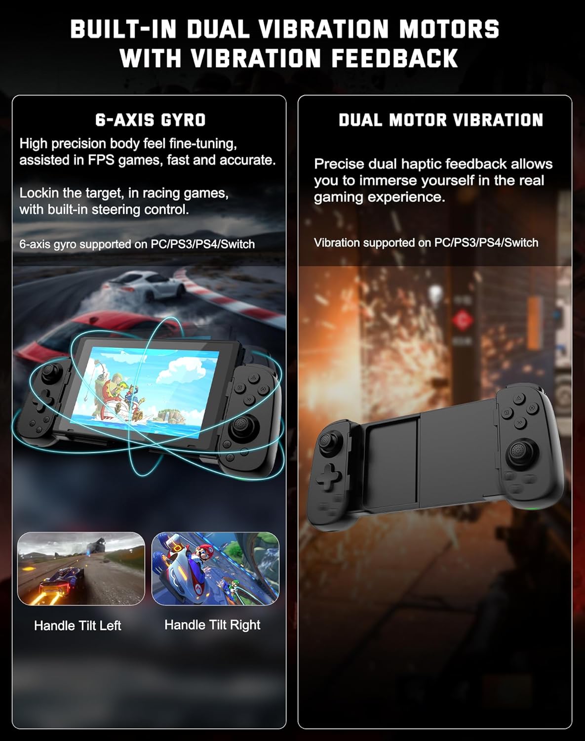 Joso Phone Controller for iPhoneAndroidPC, D6 Wireless Game Controller for SwitchPS3PS4 with Hall JoystickTurbo6-Axis GyroDual Motor, iOS Android