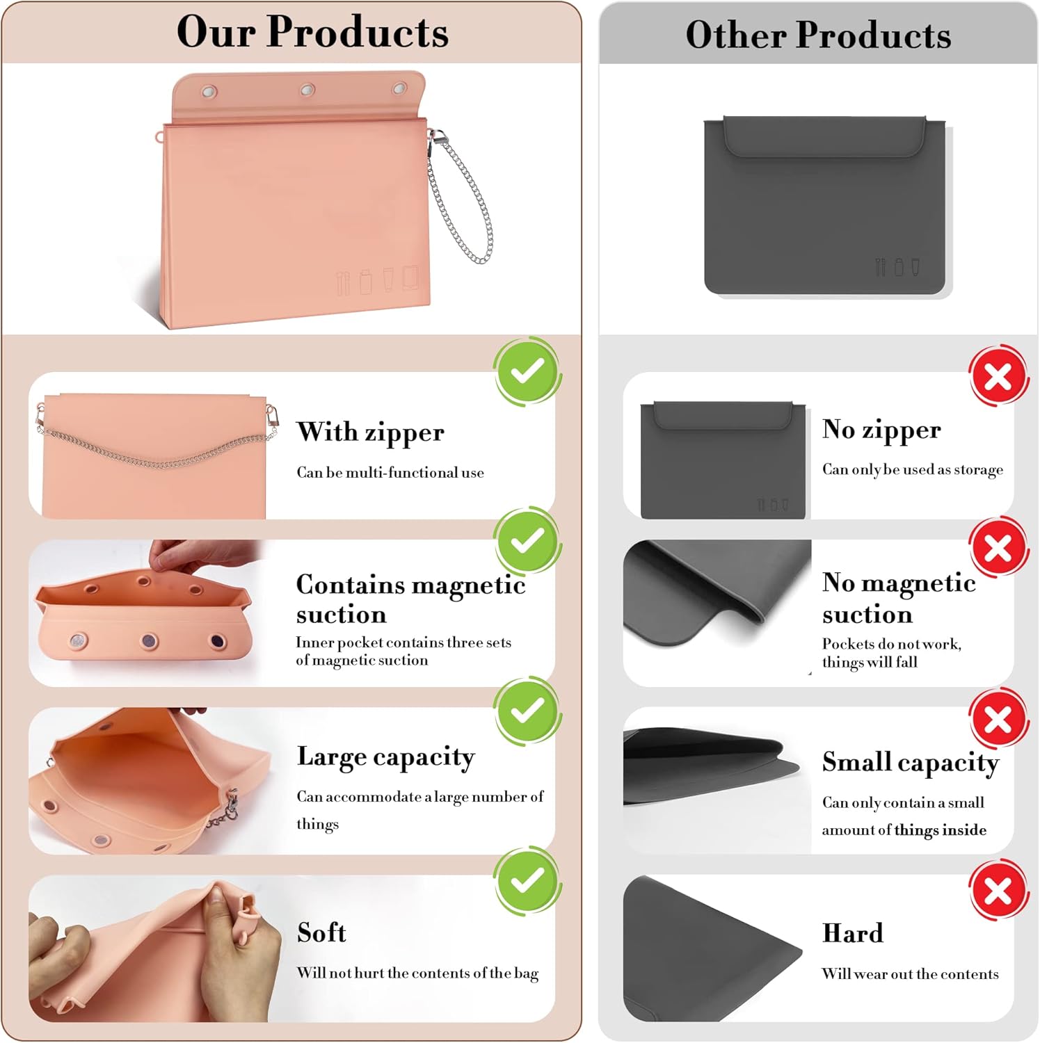 Bolsa de maquillaje de silicona, bolsa de maquillaje de viaje grande con solapa, bolsa de cosméticos de fácil transporte, bolsa de maquillaje de