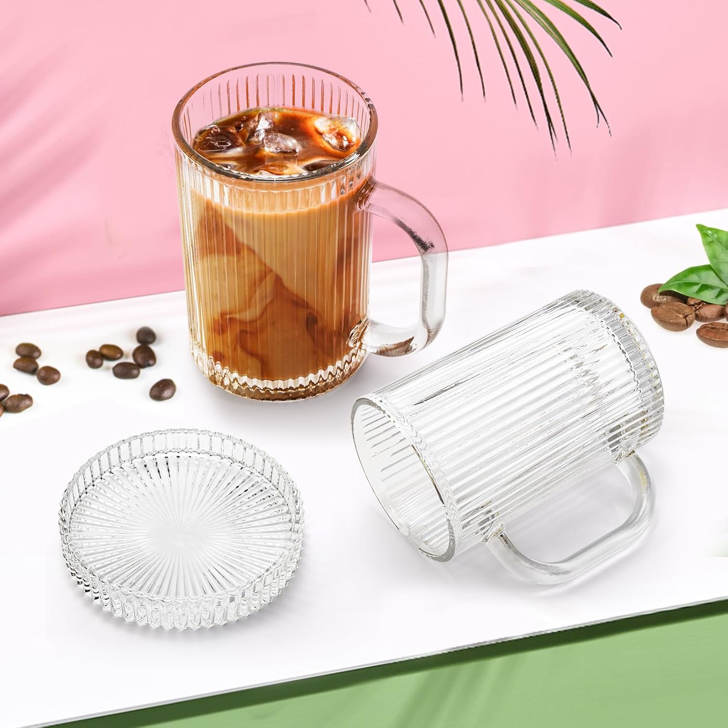Noamus Paquete de 2 tazas de café con tapa de vidrio, taza de té de rayas verticales clásicas transparentes de 13 onzas, juego de cristalería