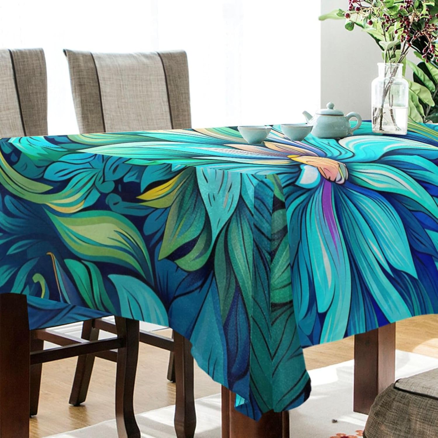 ZOEO Mantel rectangular con estampado de flores Bohomia color azul, moderno, mantel de cocina y comedor, mantel decorativo lavable para fiestas,