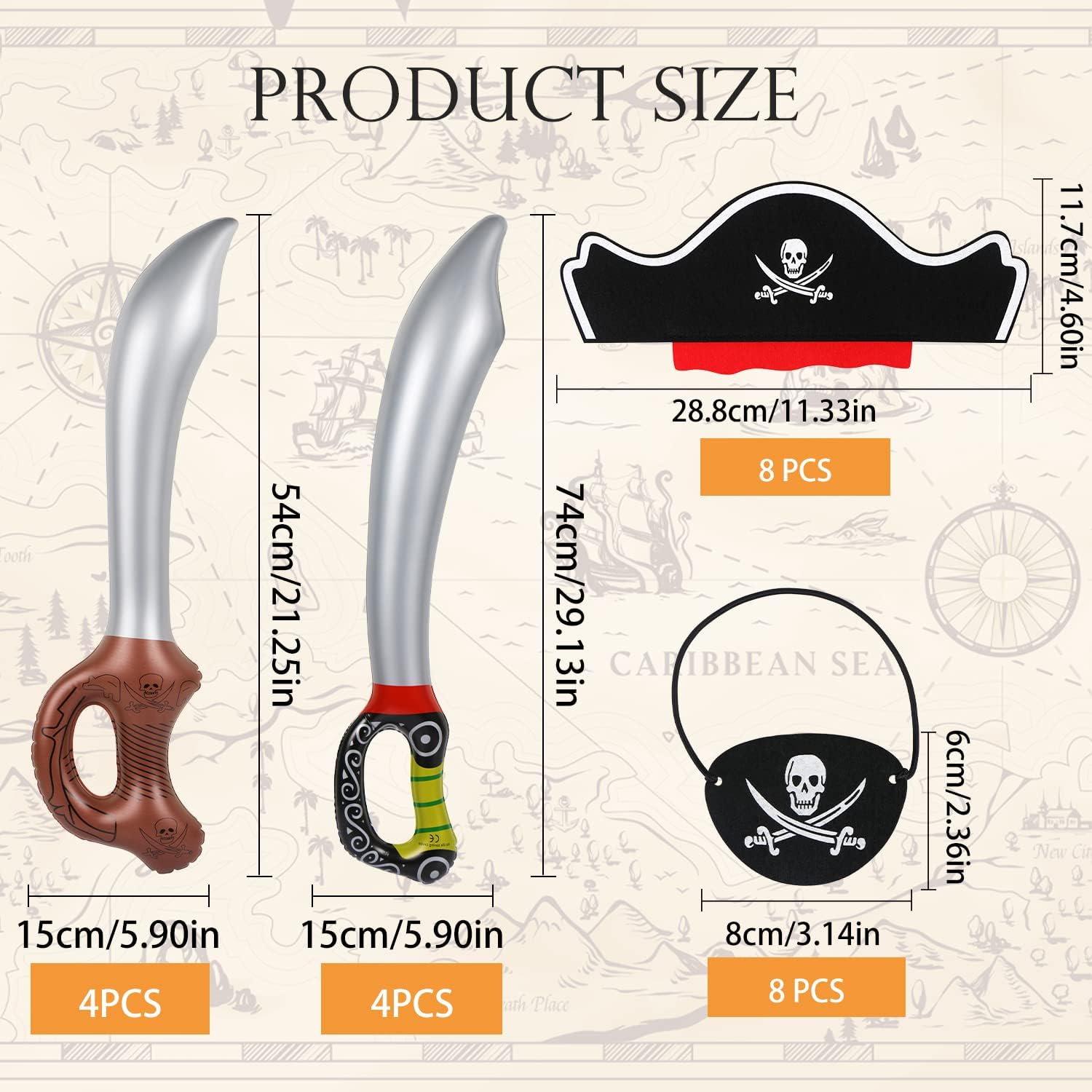 LIYDE Juego de 24 piezas de recuerdos de fiesta pirata, sombreros piratas inflables, espadas piratas de Halloween, suministros de fiesta de pirata,