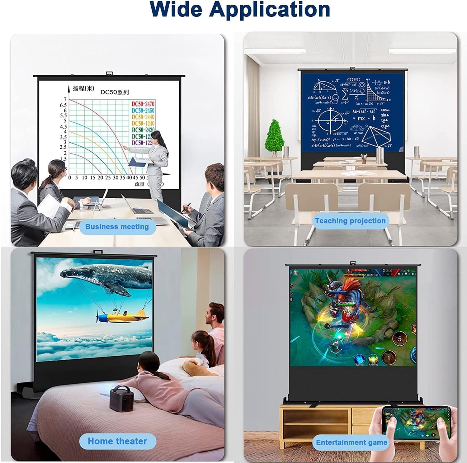 MYOYAY Pantalla de proyector manual de 84 pulgadas 43 4K HD de pie, pantallas de proyección de video portátil y retráctil, pantallas de película