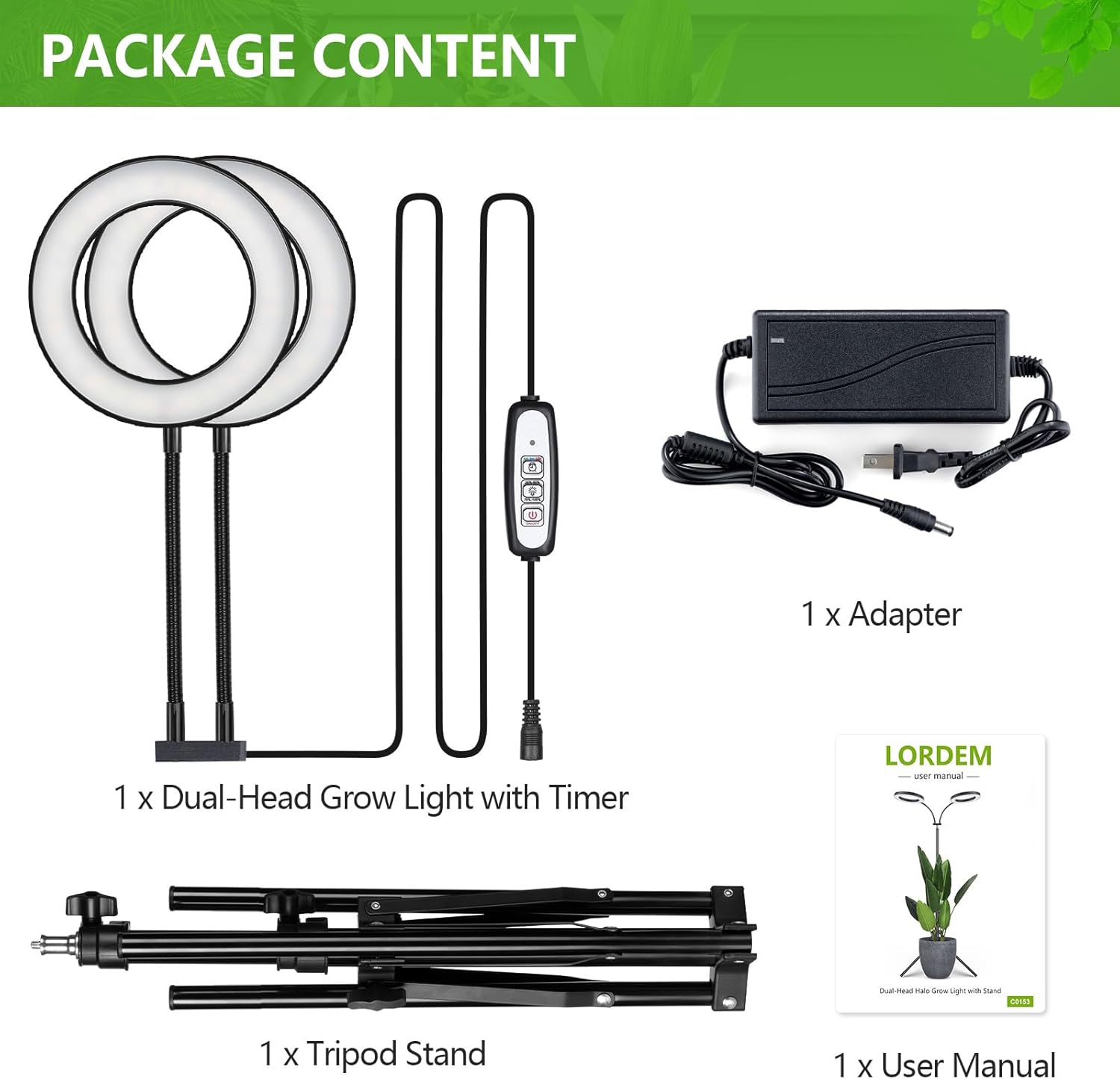 LORDEM Luz de cultivo para plantas de interior, luz de planta de doble cabezal para plantas de crecimiento, lámpara de crecimiento de espectro