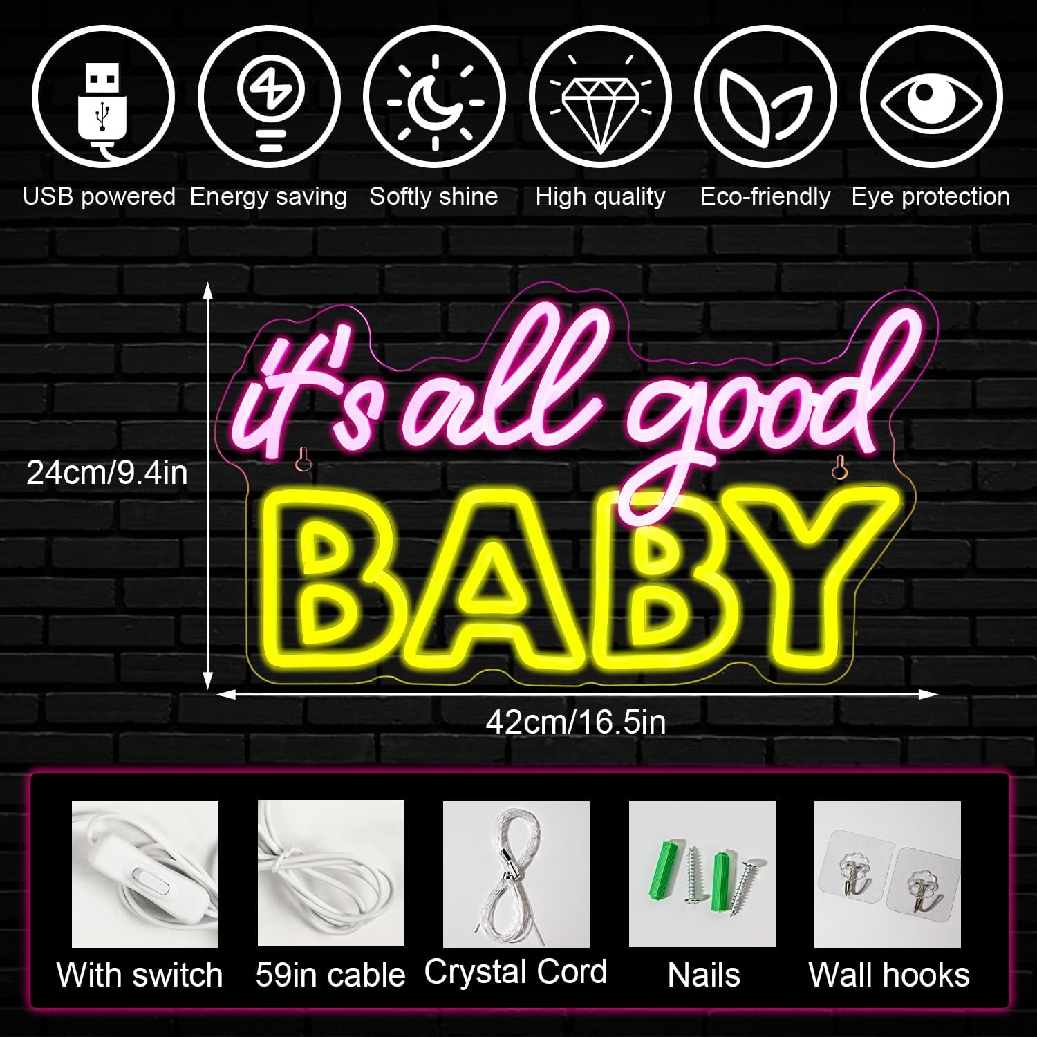 Horseneon Letrero LED de neón con texto en inglés “It’s All Good Baby”, letras de neón para decoración de pared, letrero de luz de neón para bebé