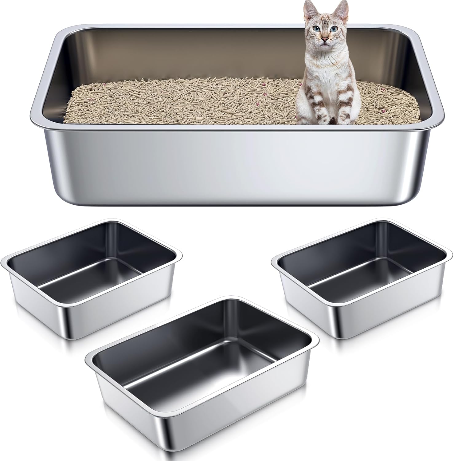 Therwen Paquete de 4 cajas de arena para gatos de acero inoxidable extra grandes, sartenes de metal para gatos, antiadherentes, superficie lisa, a
