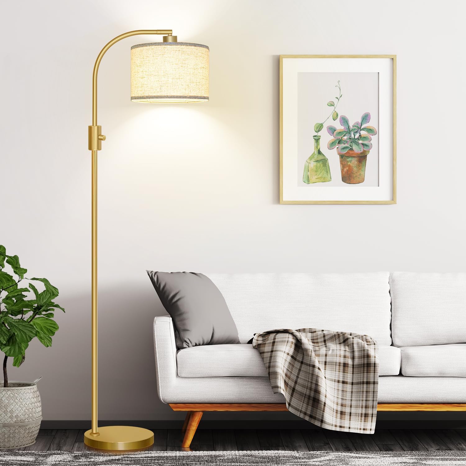 ActualizadaLámpara de pie regulable, bombilla LED de 1200 lúmenes incluida, lámparas de pie de arco dorado para sala de estar, lámpara de pie