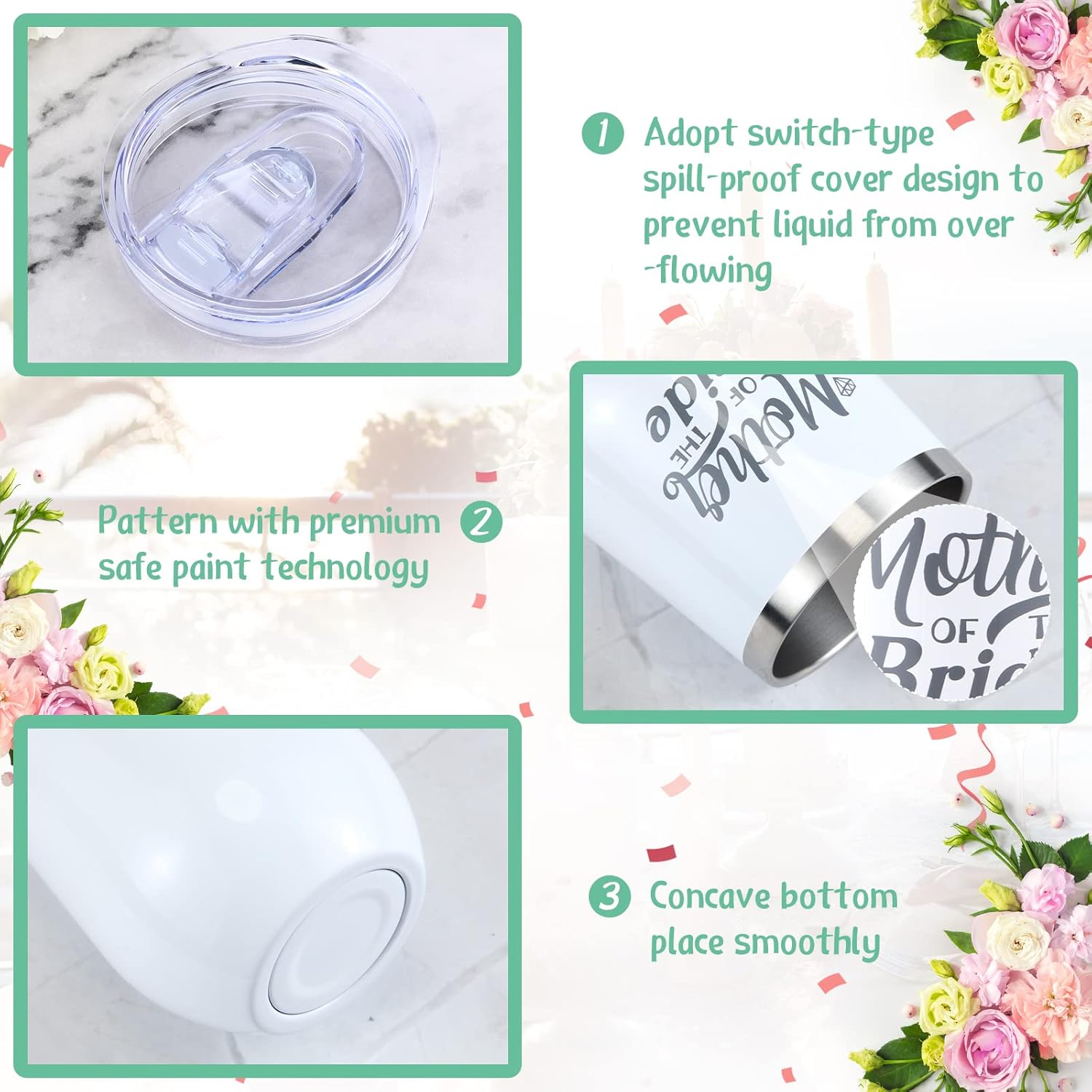Roshtia 2 vasos grabados de acero inoxidable para madre del novio, taza de café aislada al vacío con tapas, popotes y cepillos para despedida de