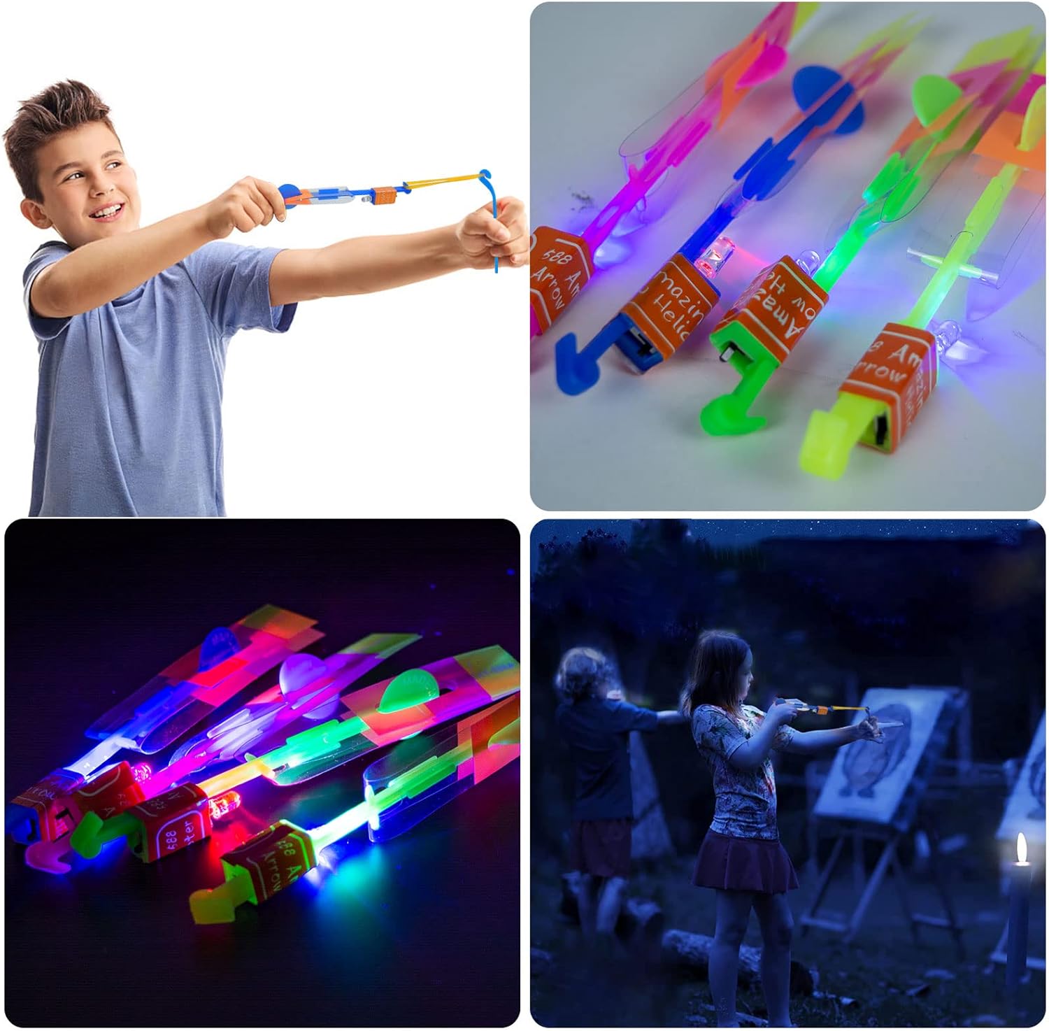 100 lanzacohetes para niños, 50 tirachinas + 50 helicópteros brillantes, cohete de dedo con luces LED, juguetes voladores que brillan en la