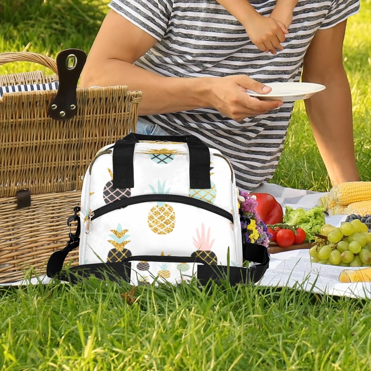 Bolsa de almuerzo aislada para mujeres y hombres, colorido patrón de piña a prueba de fugas, bolsa de almuerzo grande reutilizable para adultos con