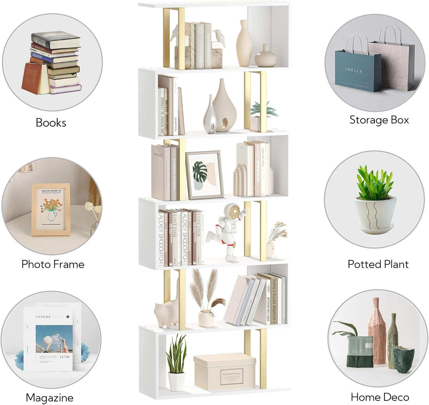Yusong Estantería geométrica, estantería en forma de S, estantes de libros de 6 niveles para dormitorio, estante decorativo de madera moderno,