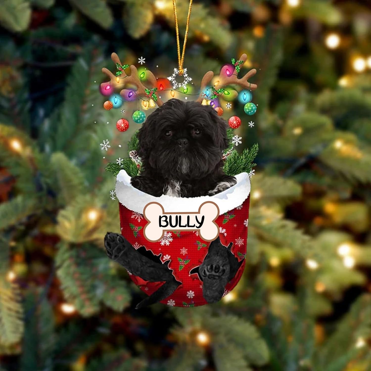 Adorno de Shih Tzu negro, adorno de Navidad personalizado para perro, adorno de bolsillo de nieve para perro para árbol de Navidad, adorno acrílico
