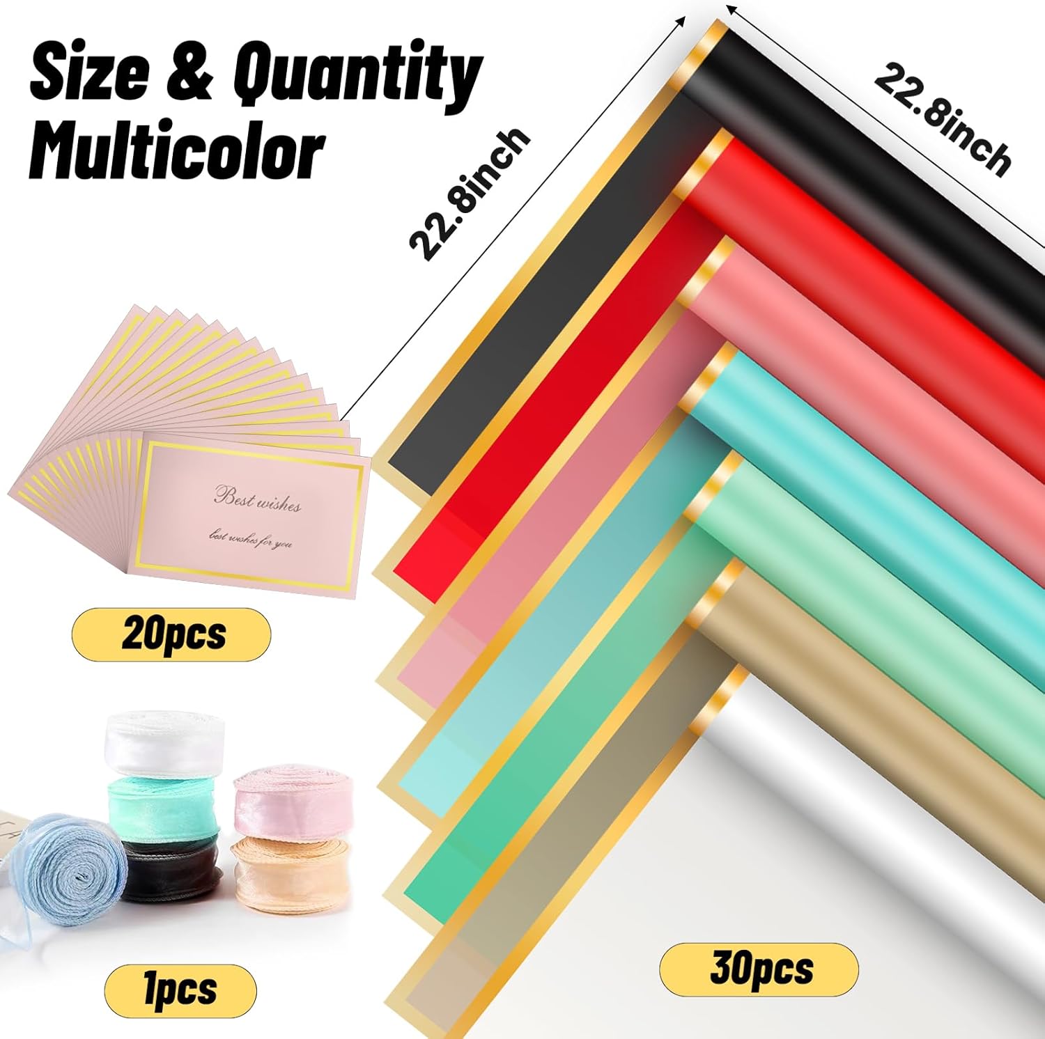 50 piezas de papel de regalo de flores verdes con borde dorado, papel de regalo coreano impermeable con 1 rollo de cinta y tarjetas de regalo, papel