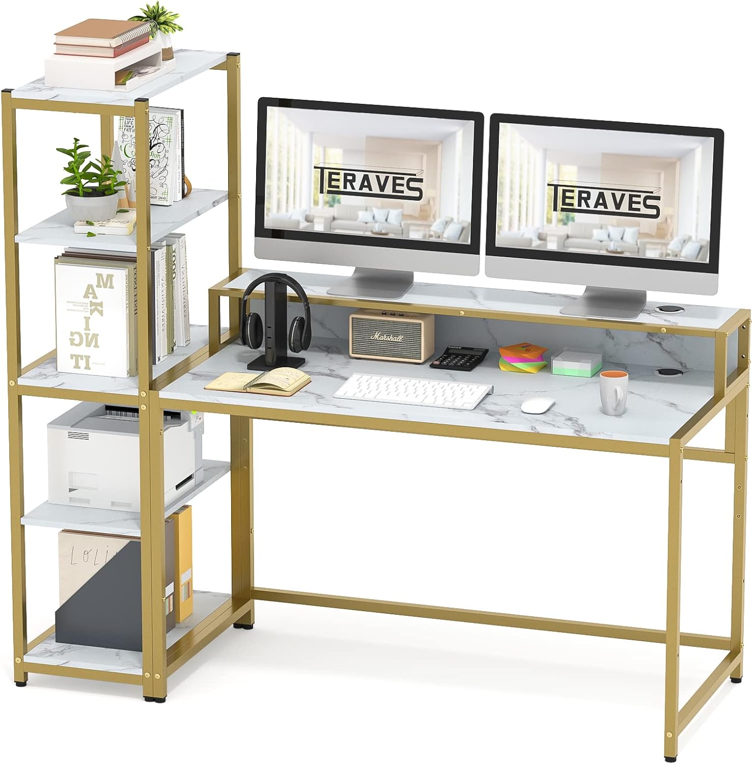 Teraves Escritorio para computadora con estantes de 5 niveles, escritorio reversible con almacenamiento de 49 pulgadas, mesa de estudio para oficina