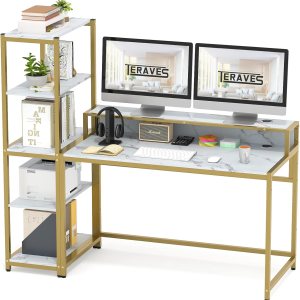 Teraves Escritorio para computadora con estantes de 5 niveles, escritorio reversible con almacenamiento de 49 pulgadas, mesa de estudio para oficina Teraves Escritorio para computadora con estantes de 5 niveles, escritorio reversible con almacenamiento de 49 pulgadas, mesa de estudio para oficina