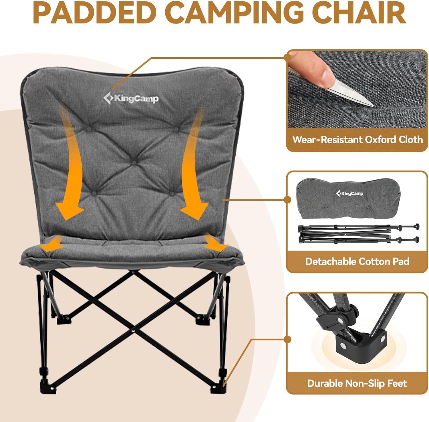 KingCamp Silla de campamento acolchada de gran tamaño, silla plegable de mariposa XL cómoda para exteriores con bolsa de transporte, silla de