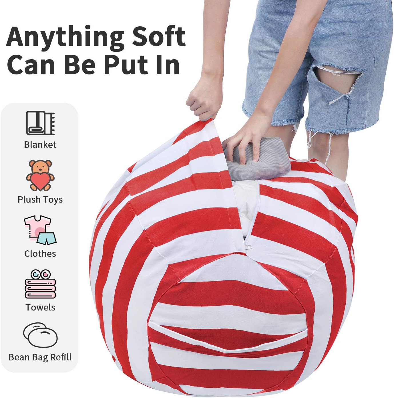 Puf con cremallera para almacenamiento de peluche y organizar habitaciones de niños y adultos, 24pulgadas