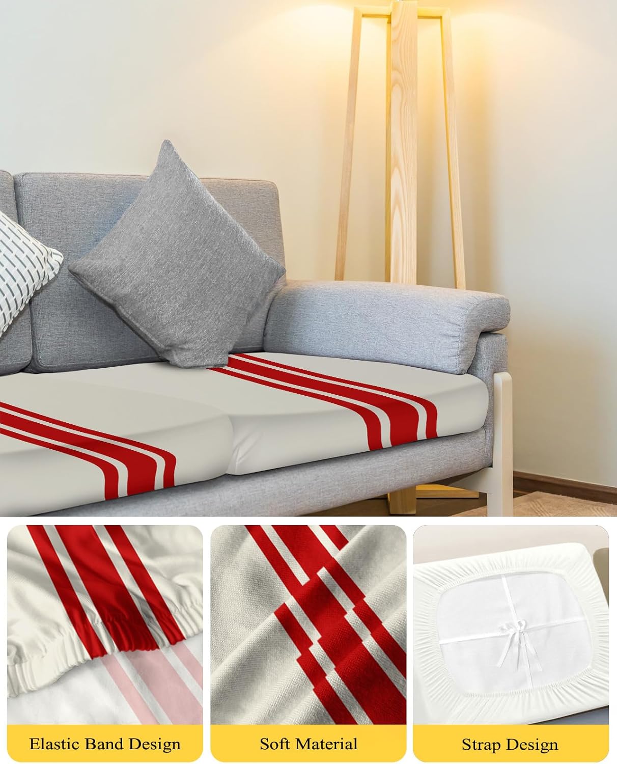 TOUBE Funda de sofá para sofá de 3 cojines, 1 pieza, Feliz Navidad, invierno, vacaciones, retro, rayas rojas, funda elástica duradera para sala de