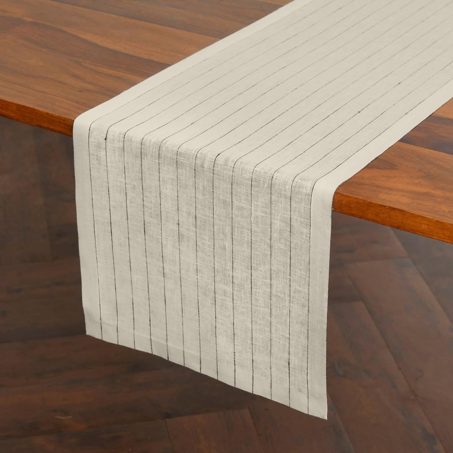 Solino Home Camino de mesa de lino a rayas de 60 pulgadas de largo, 100% lino puro de 14 x 60 pulgadas, rayas marfil y negro, camino de mesa para
