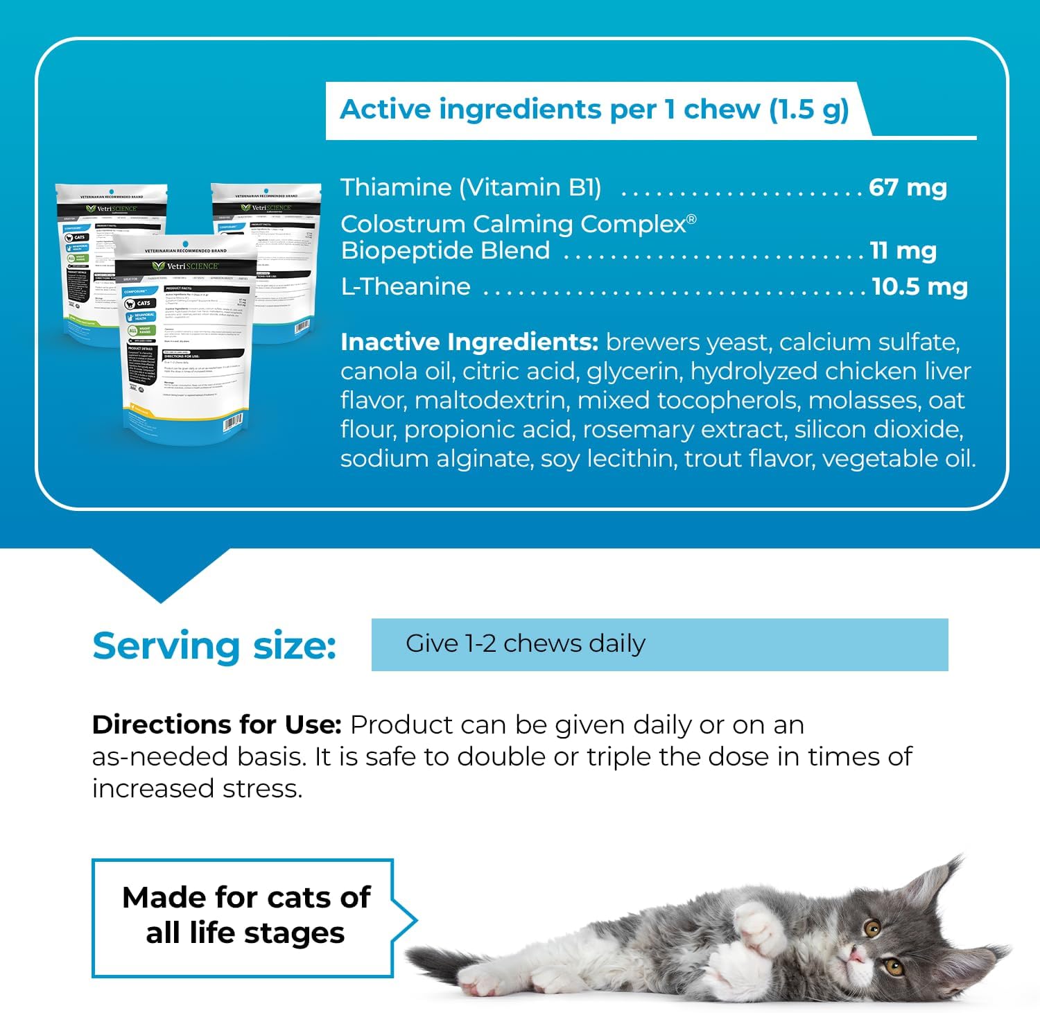 VETRISCIENCE Composure – Golosinas calmantes para gatos  Ayuda a reducir el estrés y la ansiedad en gatos domésticos  Ideal para paseos en coche,