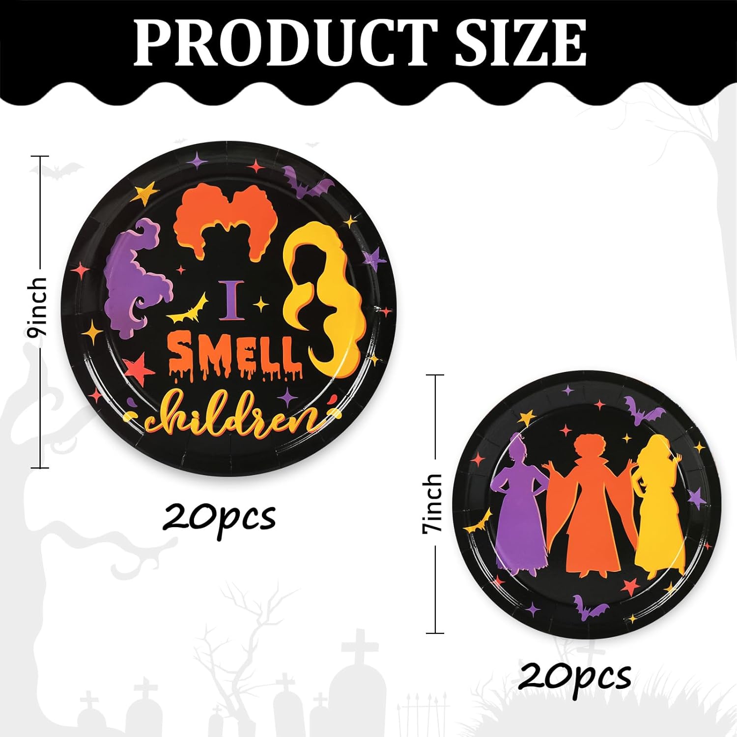 Whaline Juego de 40 platos de papel de Halloween con diseño de bruja Hocus Pocus, platos desechables para fiesta de Halloween, vacaciones, cena,