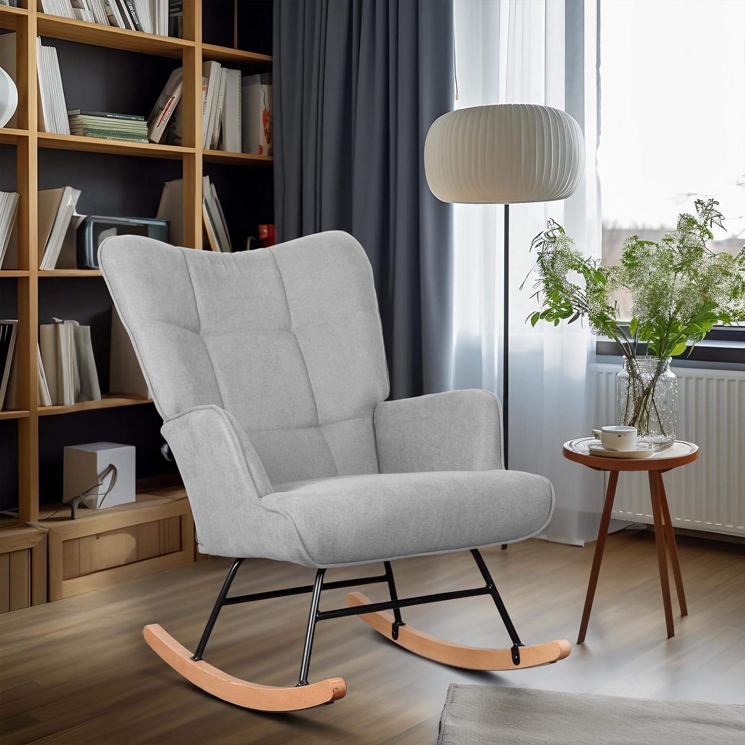 Polar Aurora Mecedora tapizada de tela para guardería, silla deslizadora con patas de metal de madera resistentes para sala de estar, dormitorio,