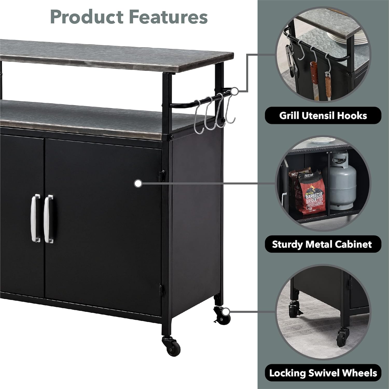 FirsTime & Co. Nuevo y mejorado Black Davidson – Carro de cocina para exteriores, mesa de patio portátil, mesa de trabajo de metal para preparación