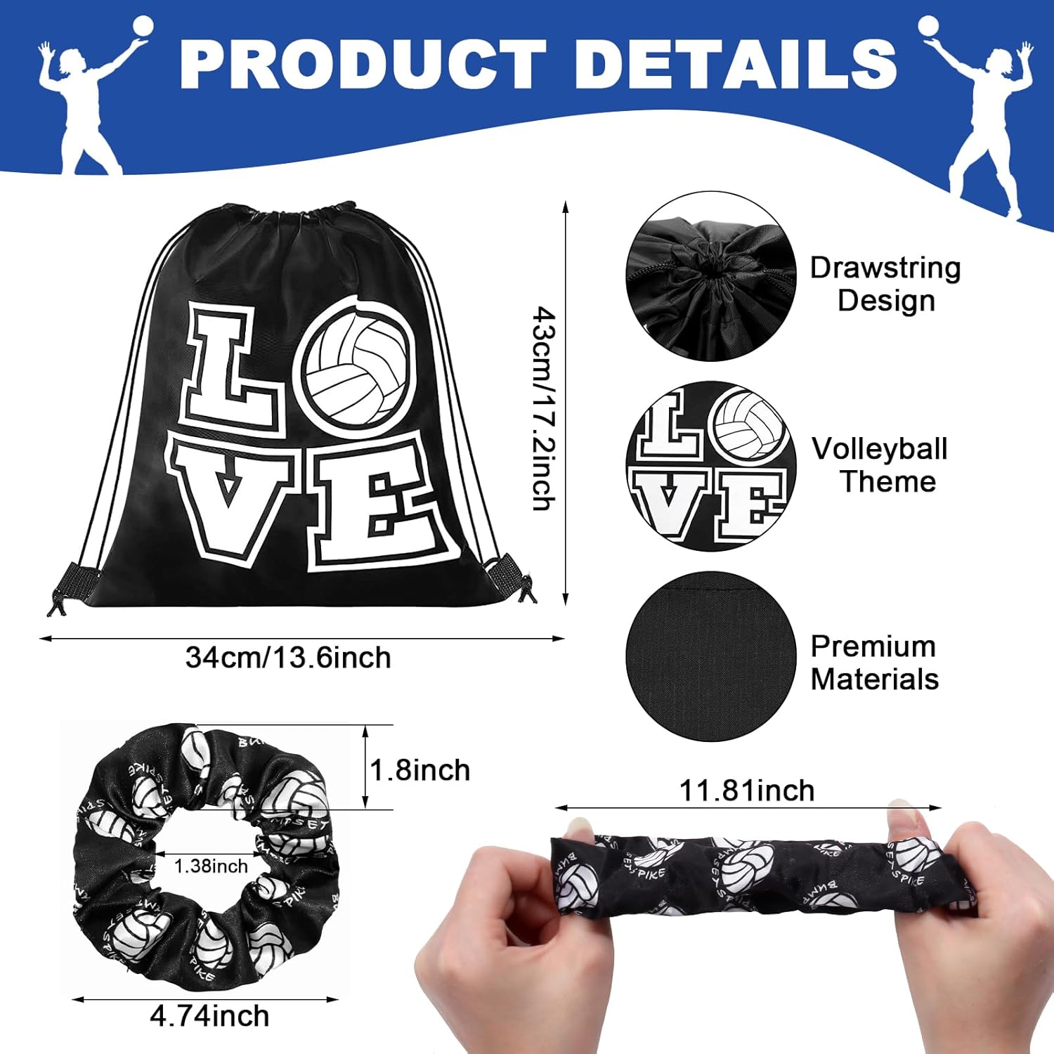 6 piezas de accesorios de voleibol, rodilleras de voleibol, mangas para brazos, diadema de voleibol, bolsa con cordón y funda para los dedos,