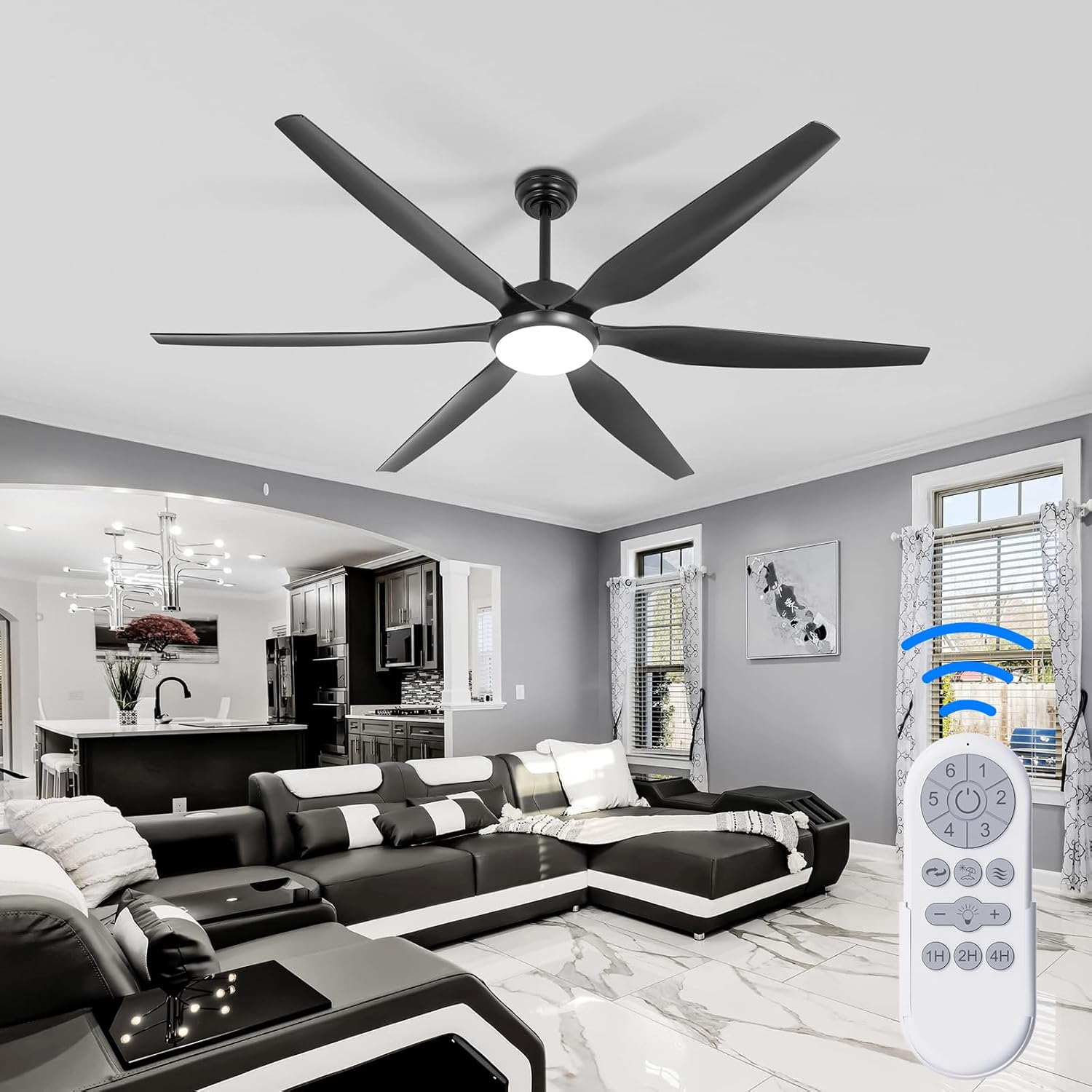 Wozzio Ventilador de techo de 65 pulgadas con luces y control remoto, 6 cuchillas, reversible, motor CC silencioso de 6 velocidades, ventilador de