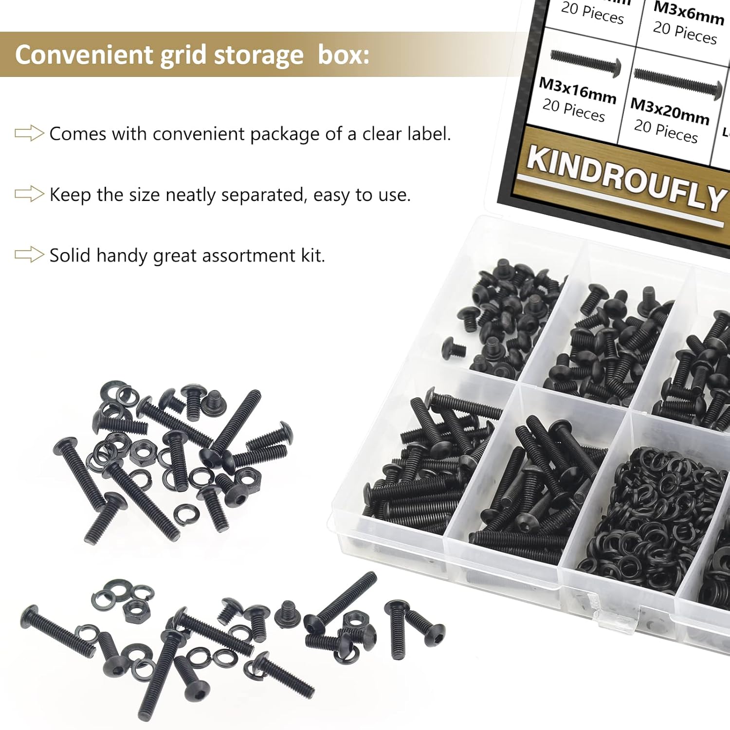 Kindroufly Juego de 562 piezas negras M3 x 5681012160.787 in, tornillos y arandelas de cabeza de botón, kit surtido de tuercas y arandelas de acero