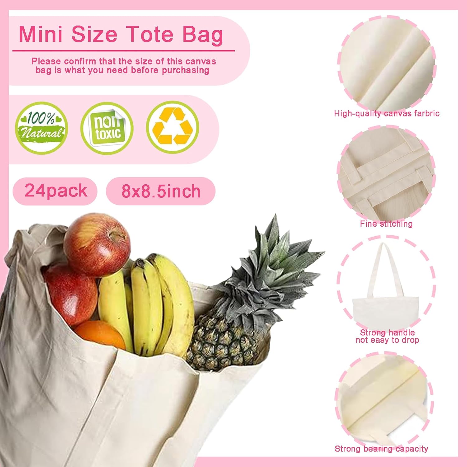 Bolsas de lona, bolsas de sublimación, 8.5 x 8 pulgadas, reutilizable, mini bolsa de mano en blanco a granel, bolsas de manualidades con asas,