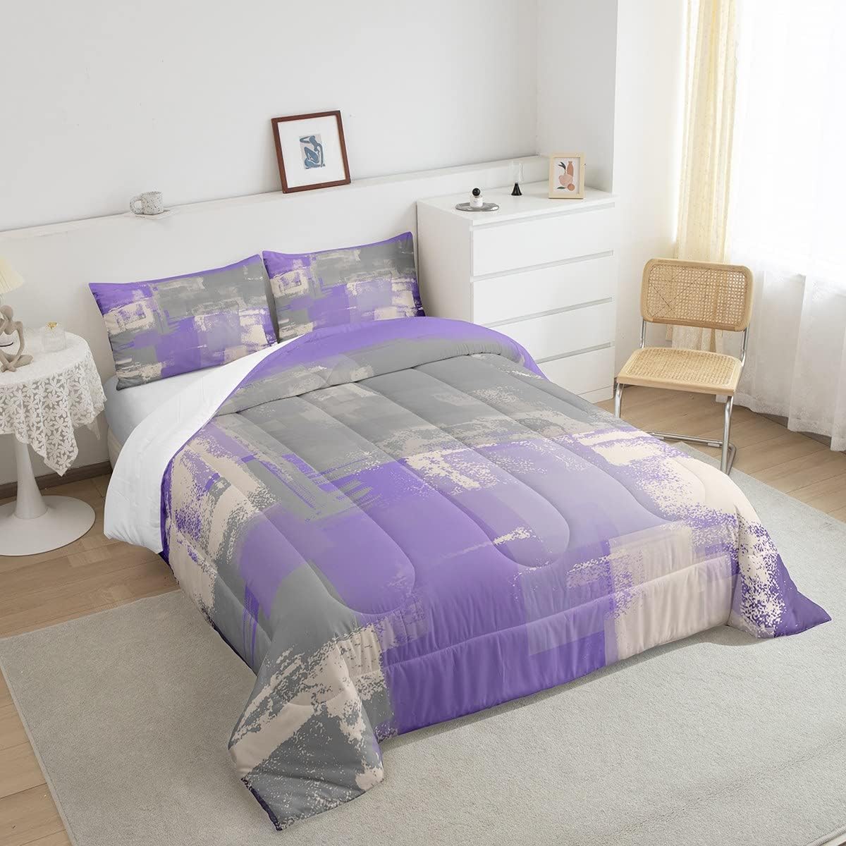 Erosebridal Juego de edredón gris morado para niños, niñas y adolescentes, juego de ropa de cama de pintura al óleo King, relleno de edredón de