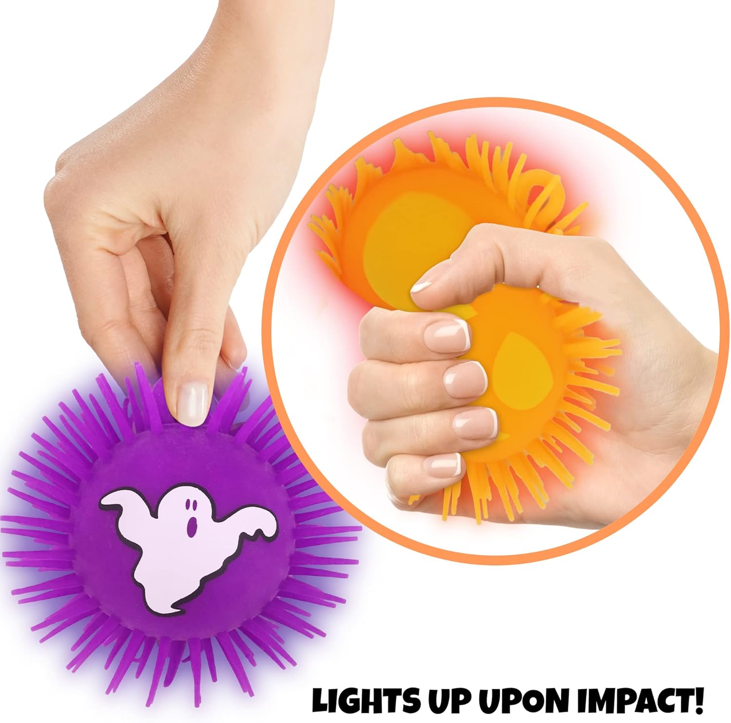 ArtCreativity Bolas de Halloween iluminadas, juego de 6, bolas de estrés suaves y puntiagudas para niños en varios colores, juguetes LED para