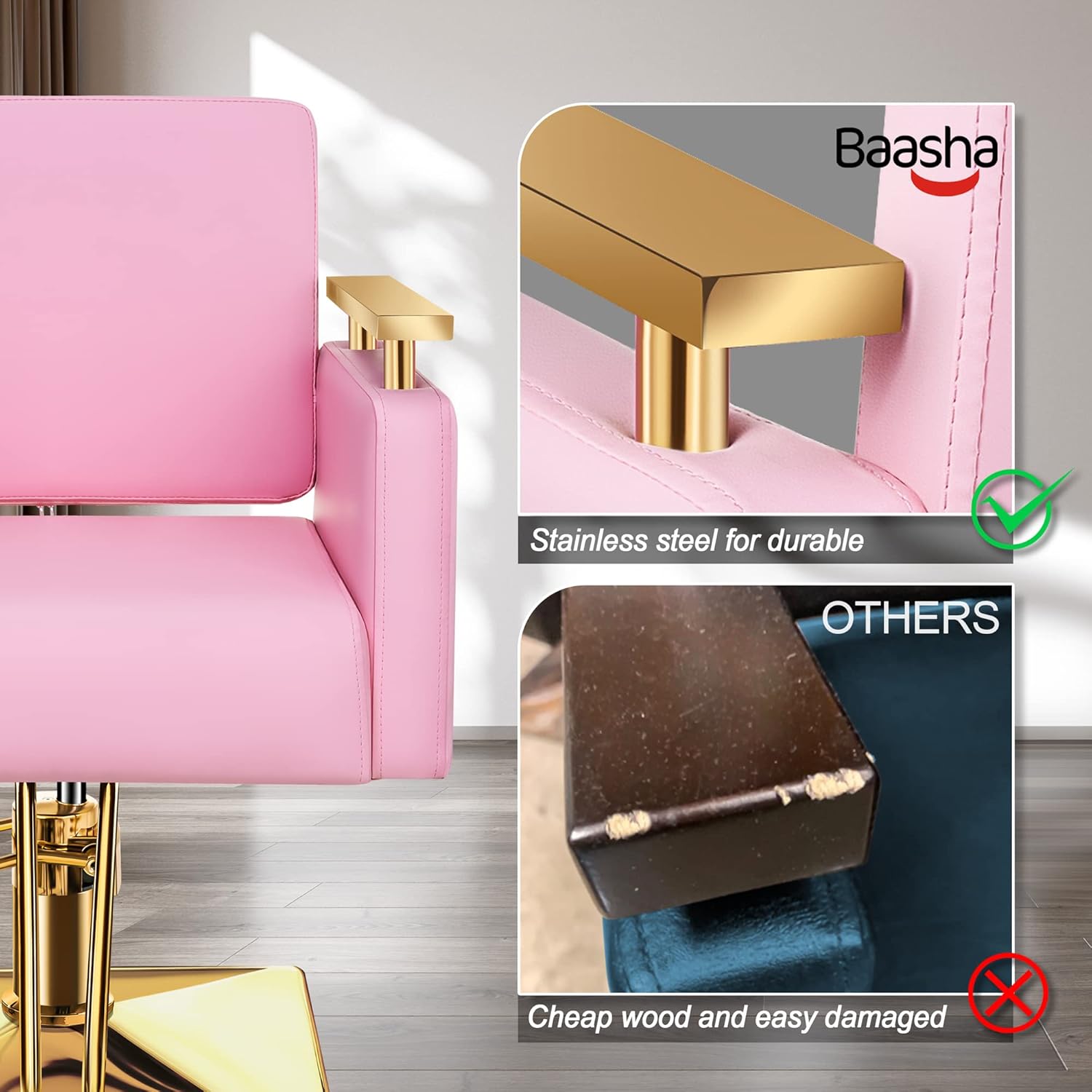 Baasha Silla de salón dorada de lujo con asiento y respaldo de espuma viscoelástica, silla de peluquería con reposabrazos de acero inoxidable, silla