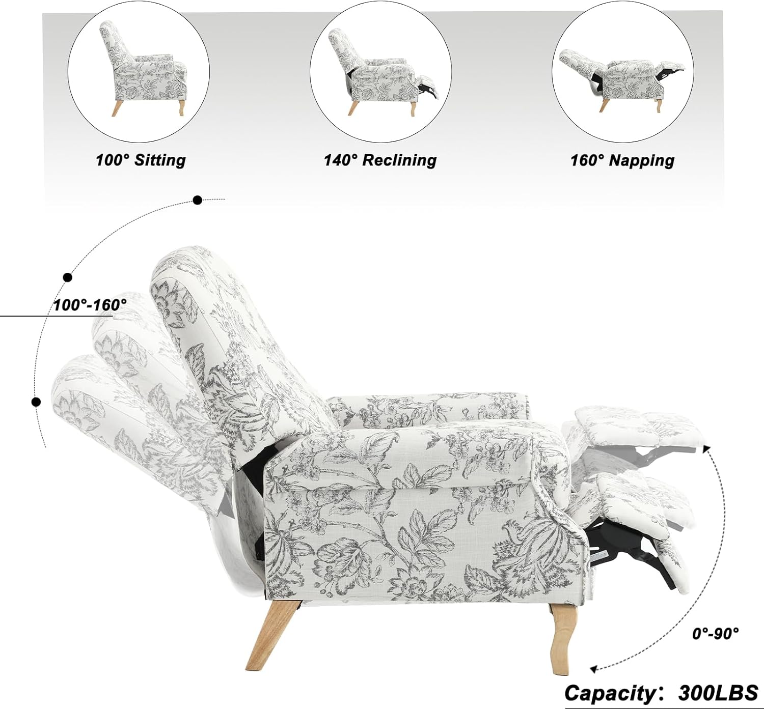 Silla reclinable con estampado floral para sala de estar, sofá individual tapizado con respaldo ajustable y reposapiés, moderna silla de descanso