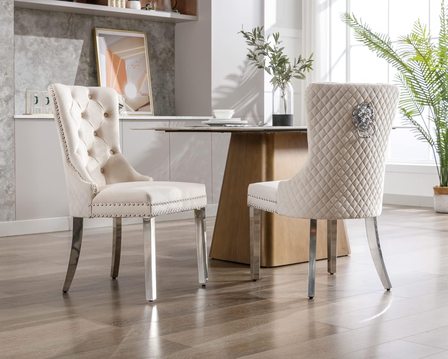 KCC Juego de 2 sillas de comedor tapizadas de terciopelo, modernas sillas capitoné con botones con anillo de cabeza de león y patas de acero