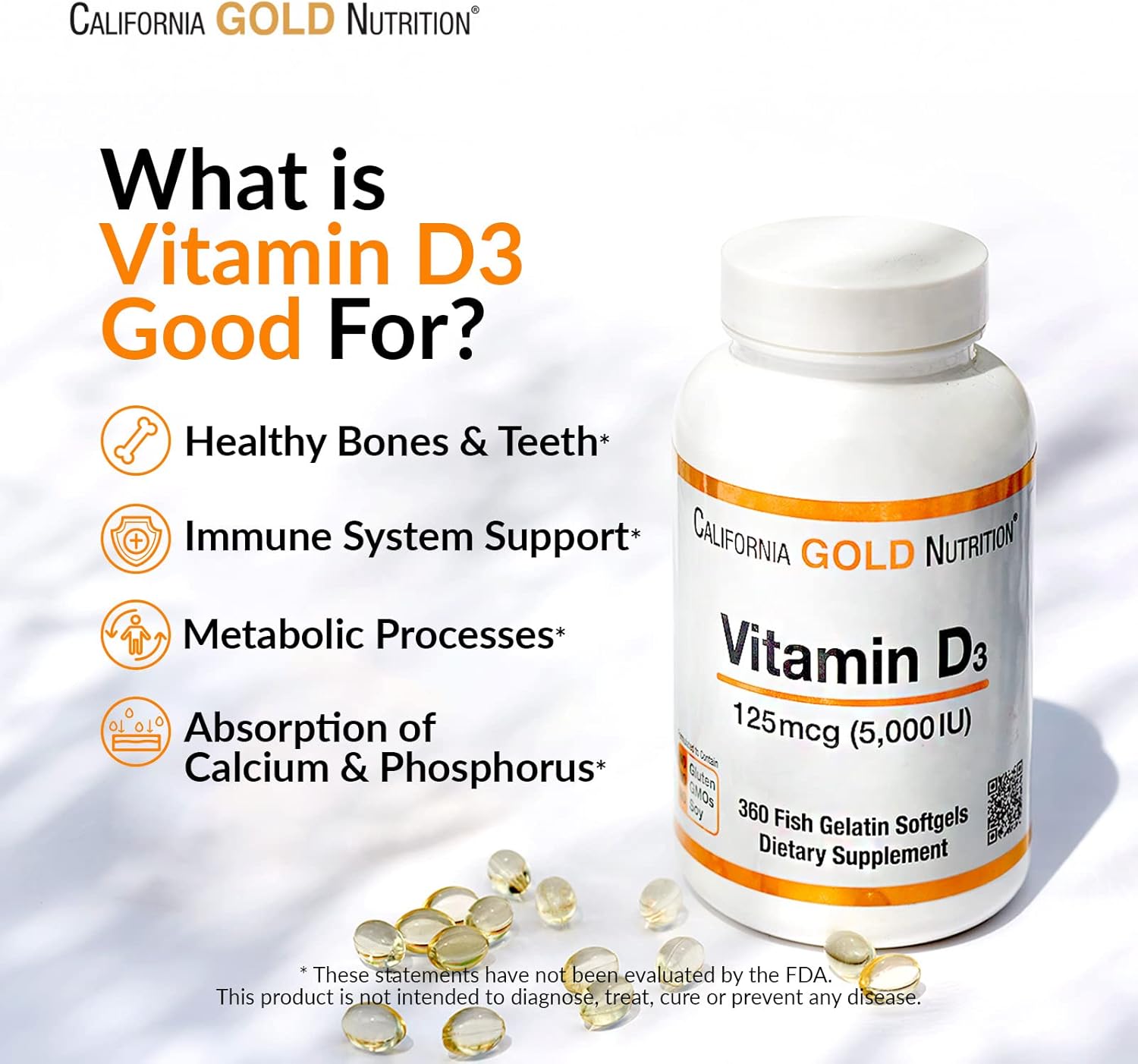 California Gold Nutrition Vitamina D3, 50 mcg (2,000 UI), 360 cápsulas blandas de gelatina de pescado, paquete de 2 California Gold Nutrition