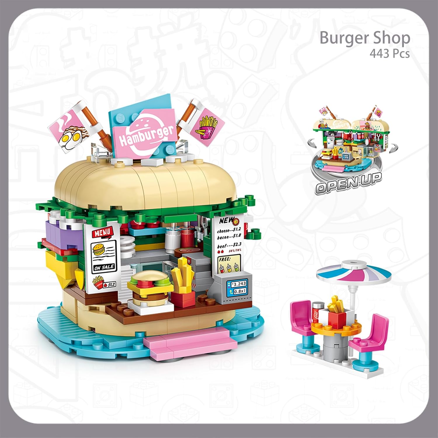 Burger Shop – Juego de bloques de construcción para parque de atracciones, juego de ladrillos, kit de construcción de corsario para niños y adultos